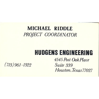 Hudgens Engineering Michael Riddle Houston Texas Vintage Business Card SF3-B5