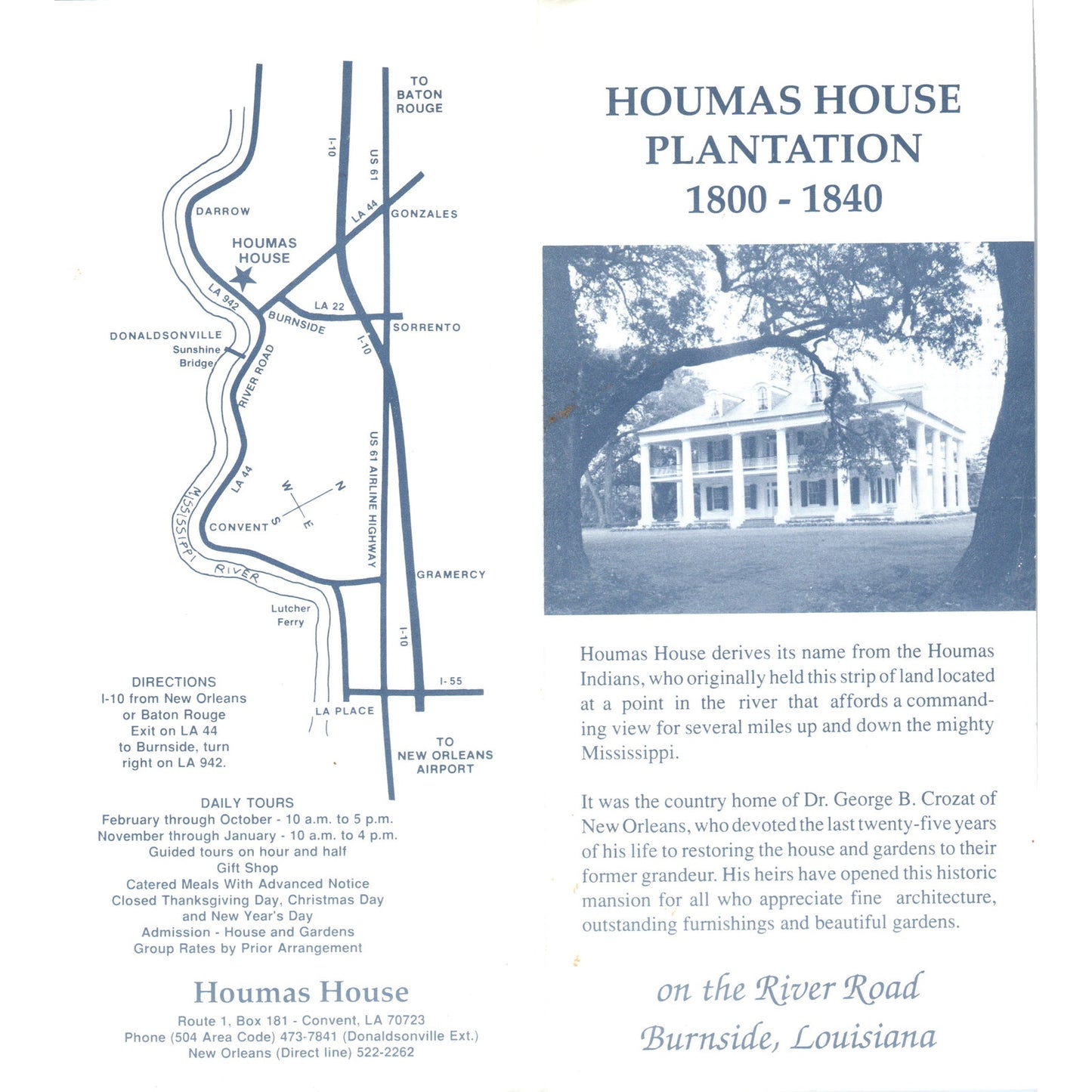 Vintage Houmas House Plantation Burnside Louisiana Travel Brochure TF4-B2