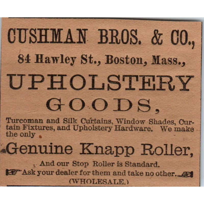 Cushman Bros. & Co Upholstery Boston 1886 Victorian Ad AB8-HT1