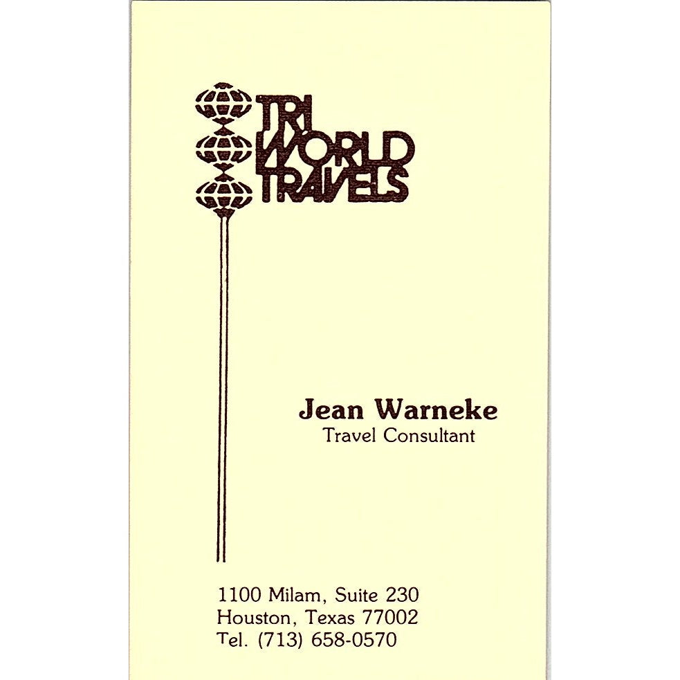 TRI World Travels Jean Warneke Houston TX Vintage Business Card SB4-B7