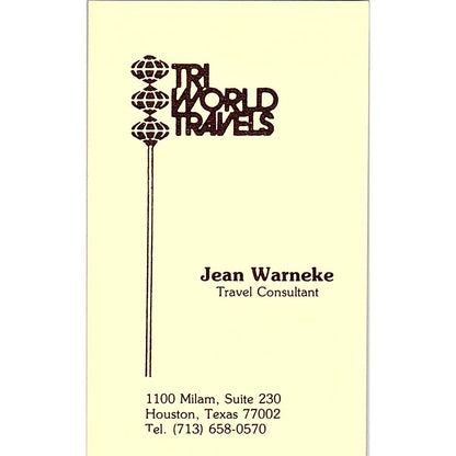 TRI World Travels Jean Warneke Houston TX Vintage Business Card SB4-B7