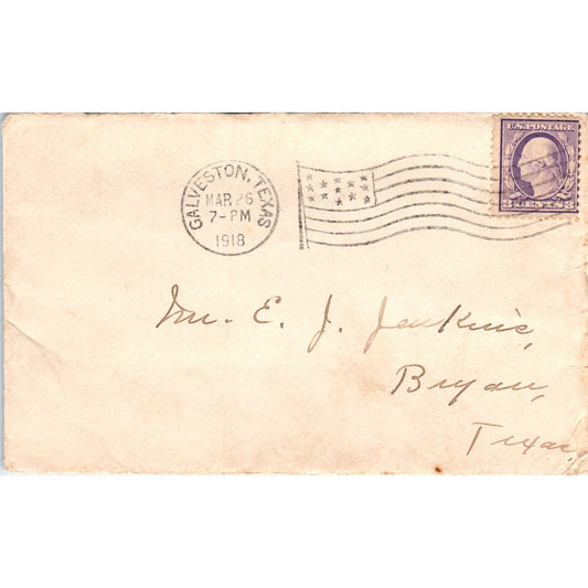 1918 Galveston TX E.J. Jenkins Bryan Texas Postal Cover Envelope TG7-PC2