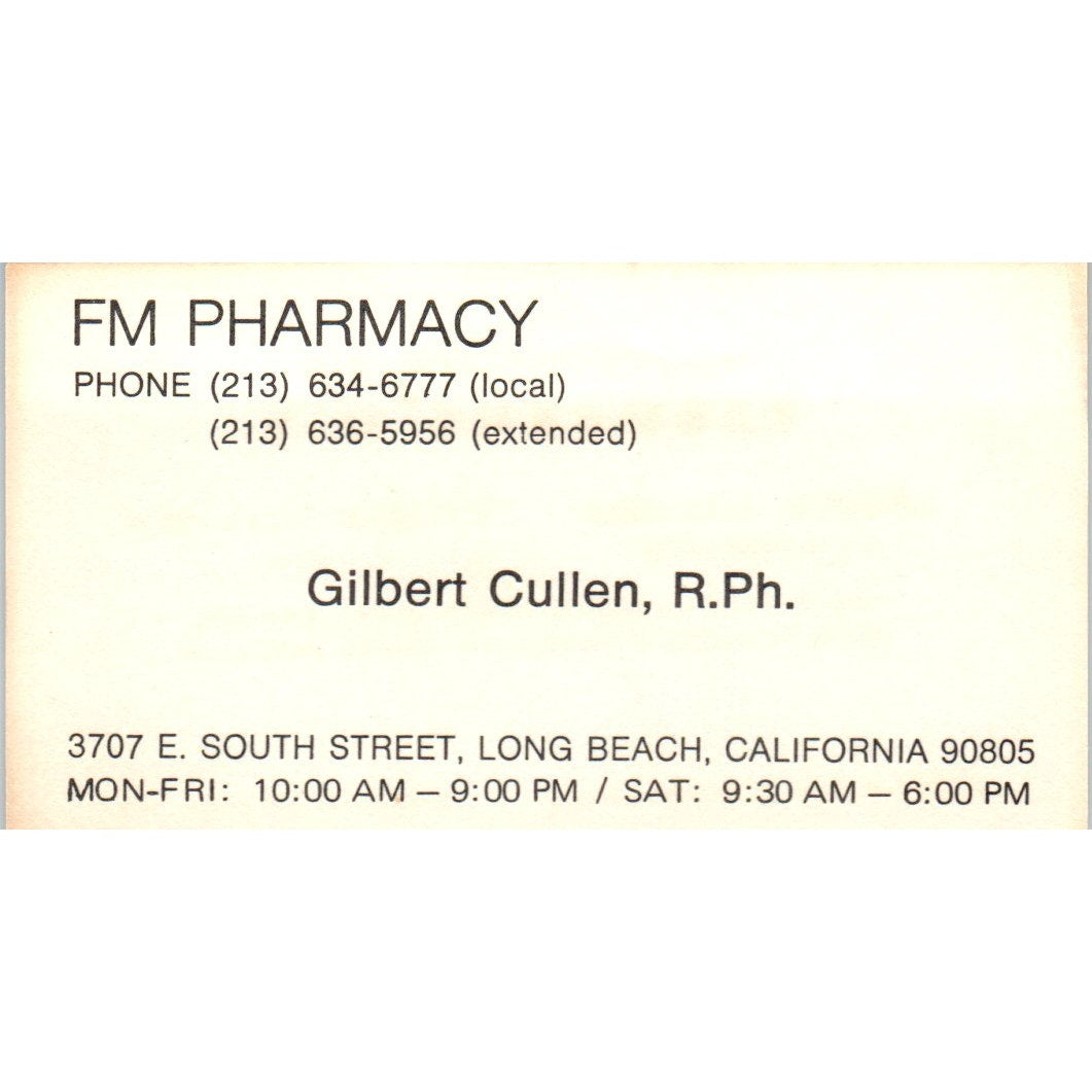 Gilbert Cullen FM Pharmacy Long Beach CA Vintage Business Card SD8-B15