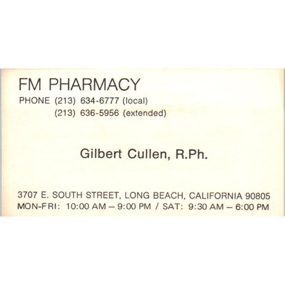 Gilbert Cullen FM Pharmacy Long Beach CA Vintage Business Card SD8-B15