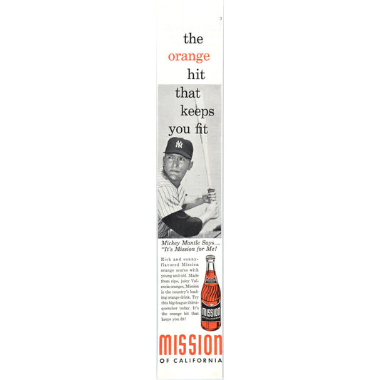 Vintage Mission of California Mickey Mantle MLB Baseball Magazine Ad 2.5x10" V1-1