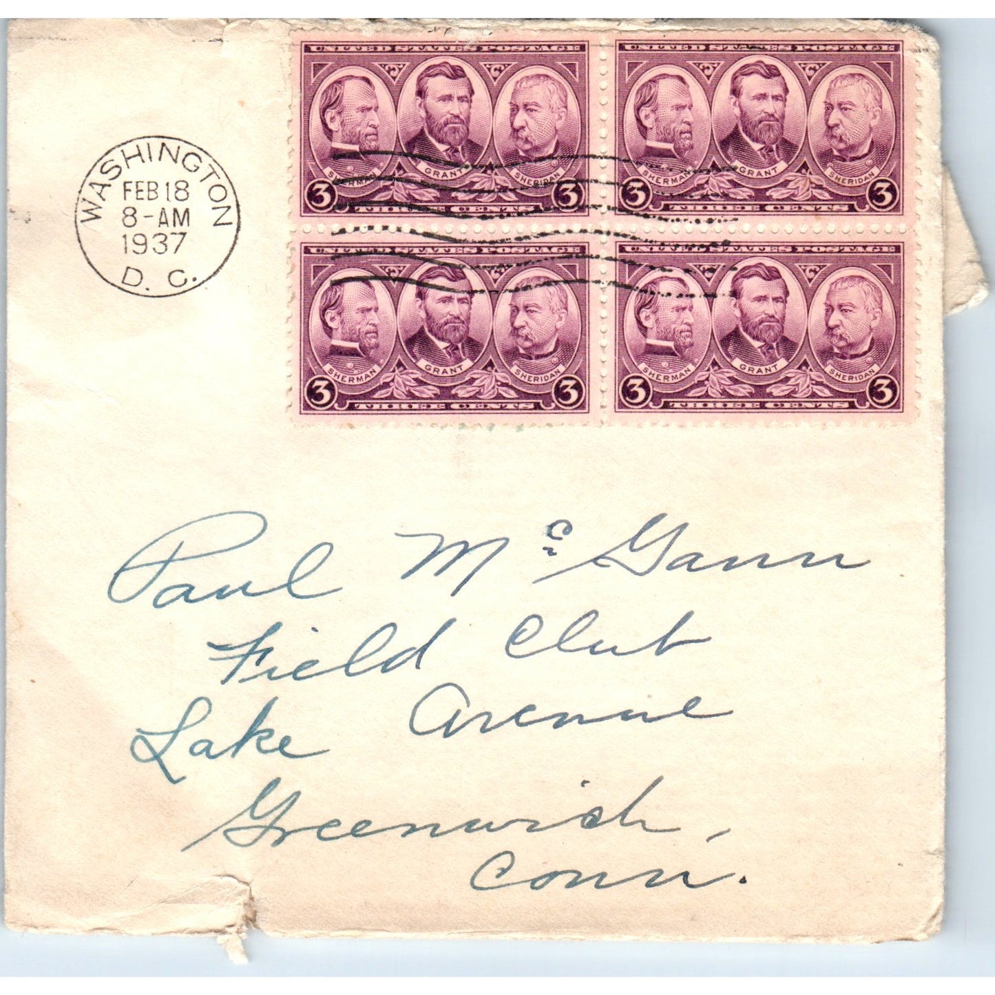 1937 Washington DC to Paul McGann Greenwich CT Postal Cover AB6-TZ