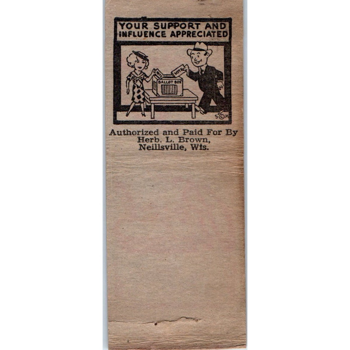 Herbert L. Brown Republican Clark County Treasurer Neillsville Matchbook SD2-Y3
