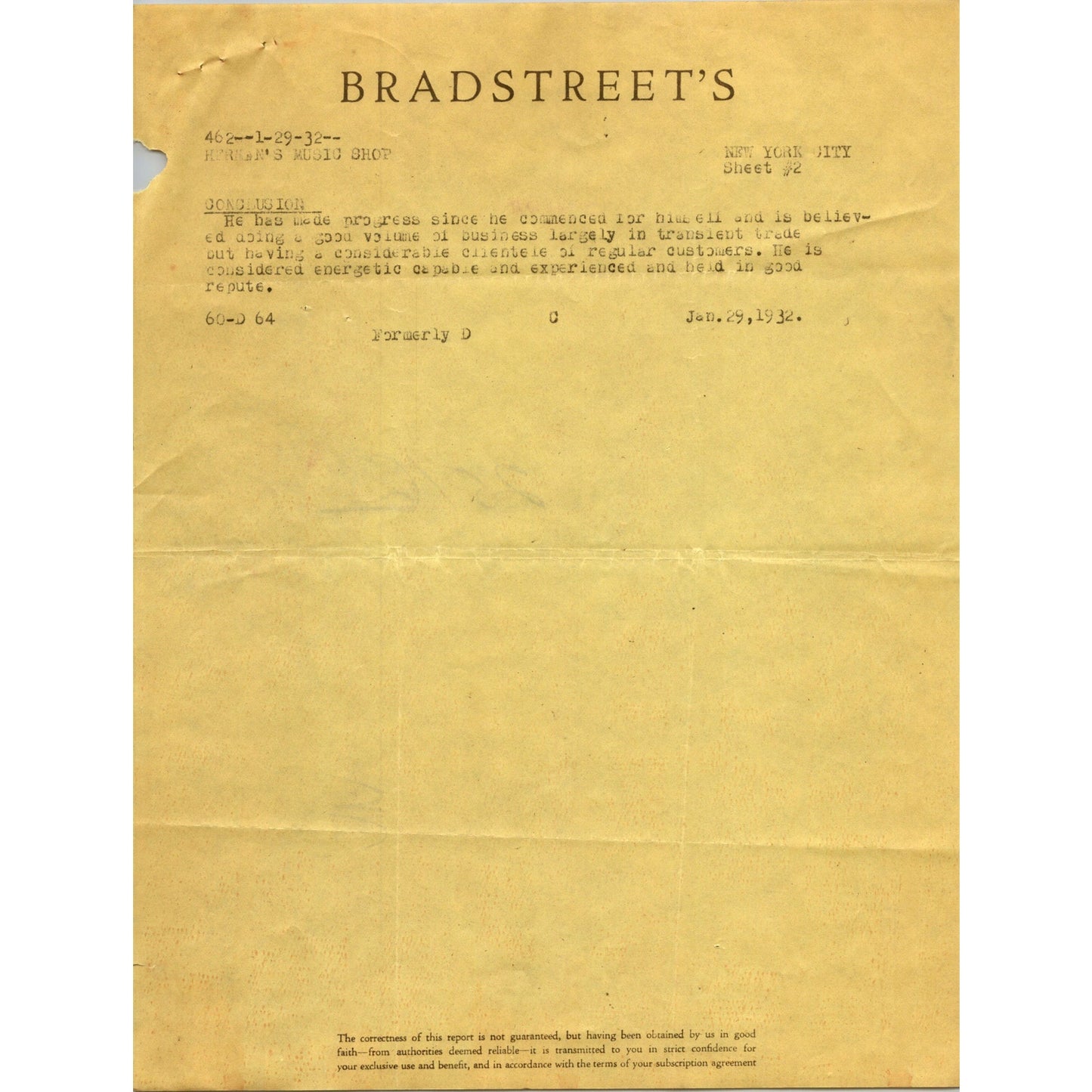 1932 Bradstreet's Business Report on Herman's Music Shop Manhattan NY C30