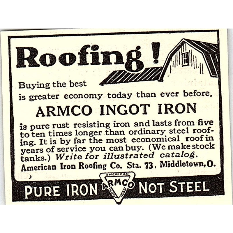 Armco Ingot Iron American Iron Roofing Co Middletown Ohio 1924 Ad AG3-S18