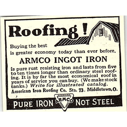 Armco Ingot Iron American Iron Roofing Co Middletown Ohio 1924 Ad AG3-S18