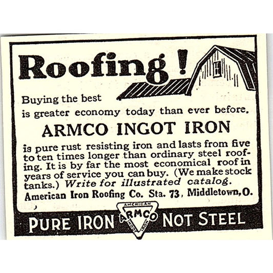 Armco Ingot Iron American Iron Roofing Co Middletown Ohio 1924 Ad AG3-S18