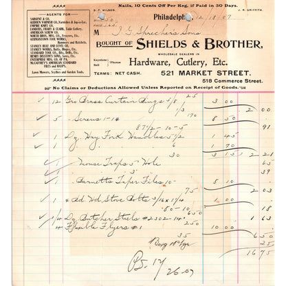 1907 Shields & Brother Hardware Philadelphia Letterhead Billhead Receipt D11