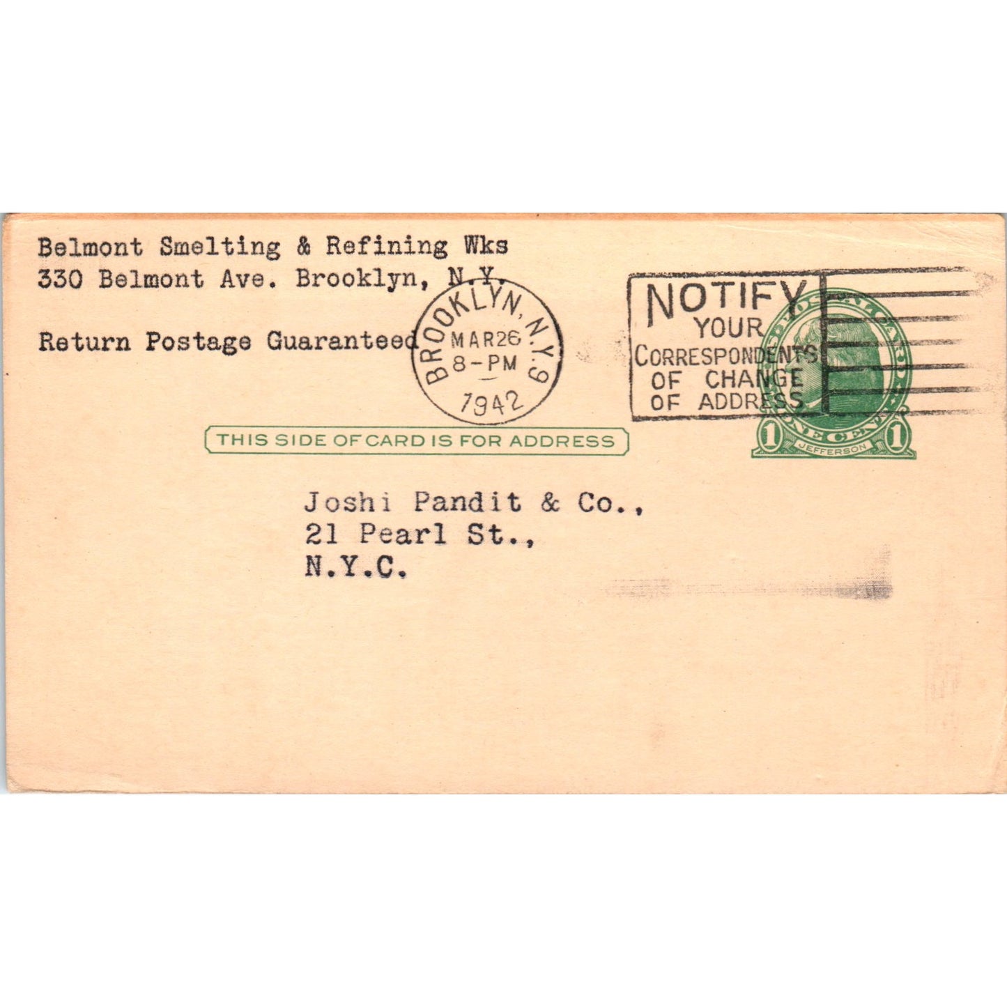 1942 Belmont Smelting & Refining Works Brooklyn WWII Postal Mailing Card PE7