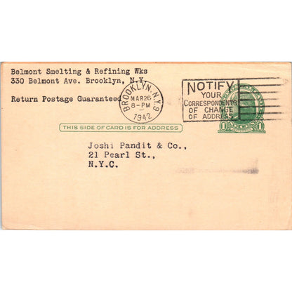 1942 Belmont Smelting & Refining Works Brooklyn WWII Postal Mailing Card PE7