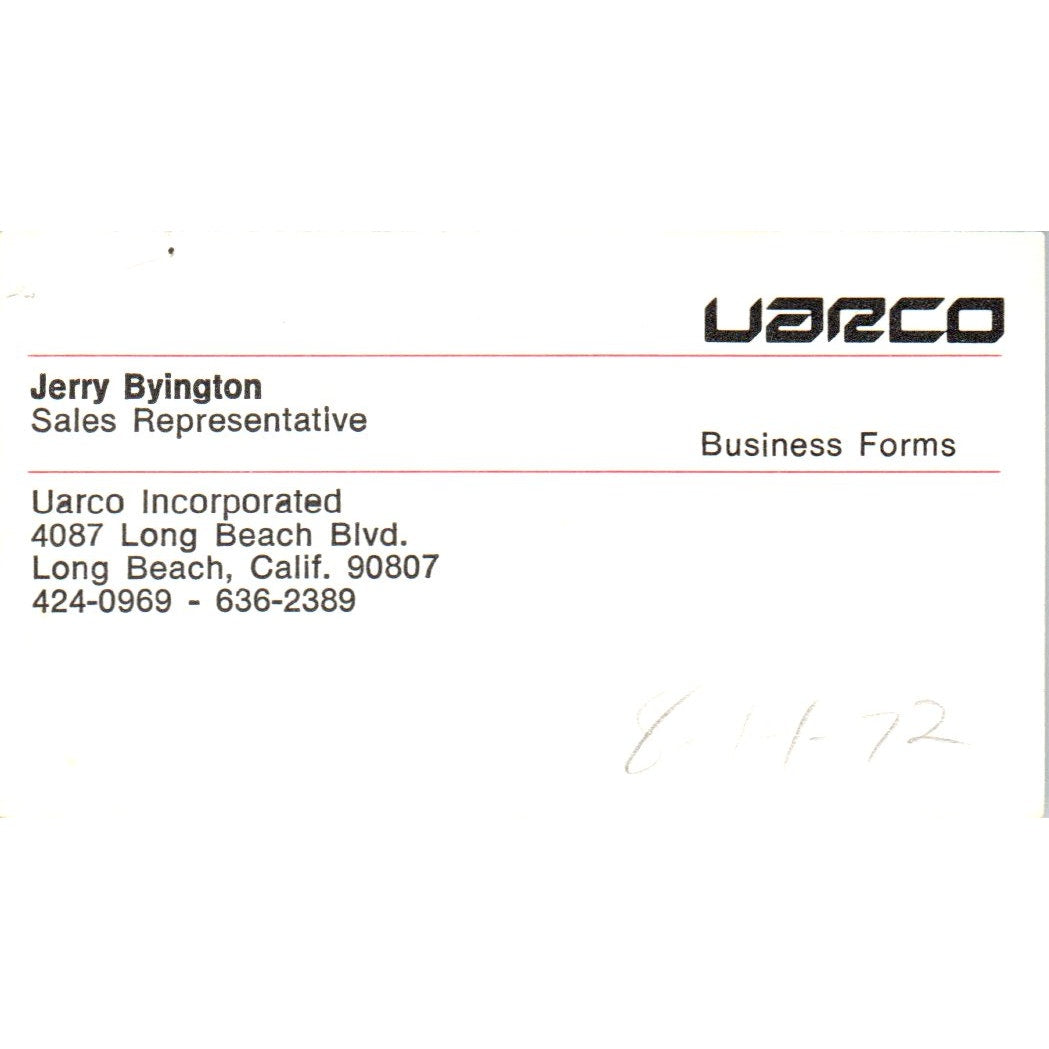 Uarco Inc. Jerry Byington Long Beach Ca Vintage Business Card SD4-B3