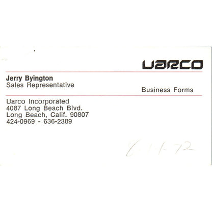Uarco Inc. Jerry Byington Long Beach Ca Vintage Business Card SD4-B3