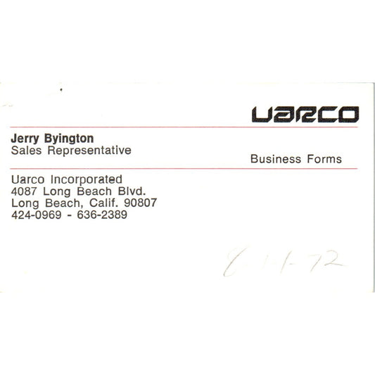 Uarco Inc. Jerry Byington Long Beach Ca Vintage Business Card SD4-B3