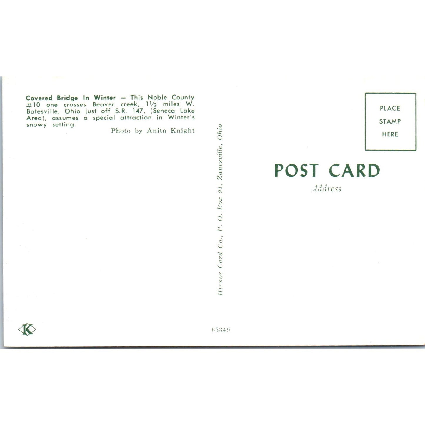 Noble County #10 Beaver Creek Batesville Ohio Covered Bridge Postcard PC2