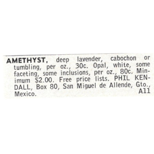 Phil Kendall Lapidary Amethyst San Miguel de Allende Gto Mexico 1964 Ad AB6-LJS3