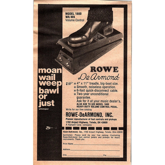 Rowe-DeArmond Foot Pedals Wa-Wa Controls Pickups Toledo OH 3.5x6 1974 Ad AF6-18