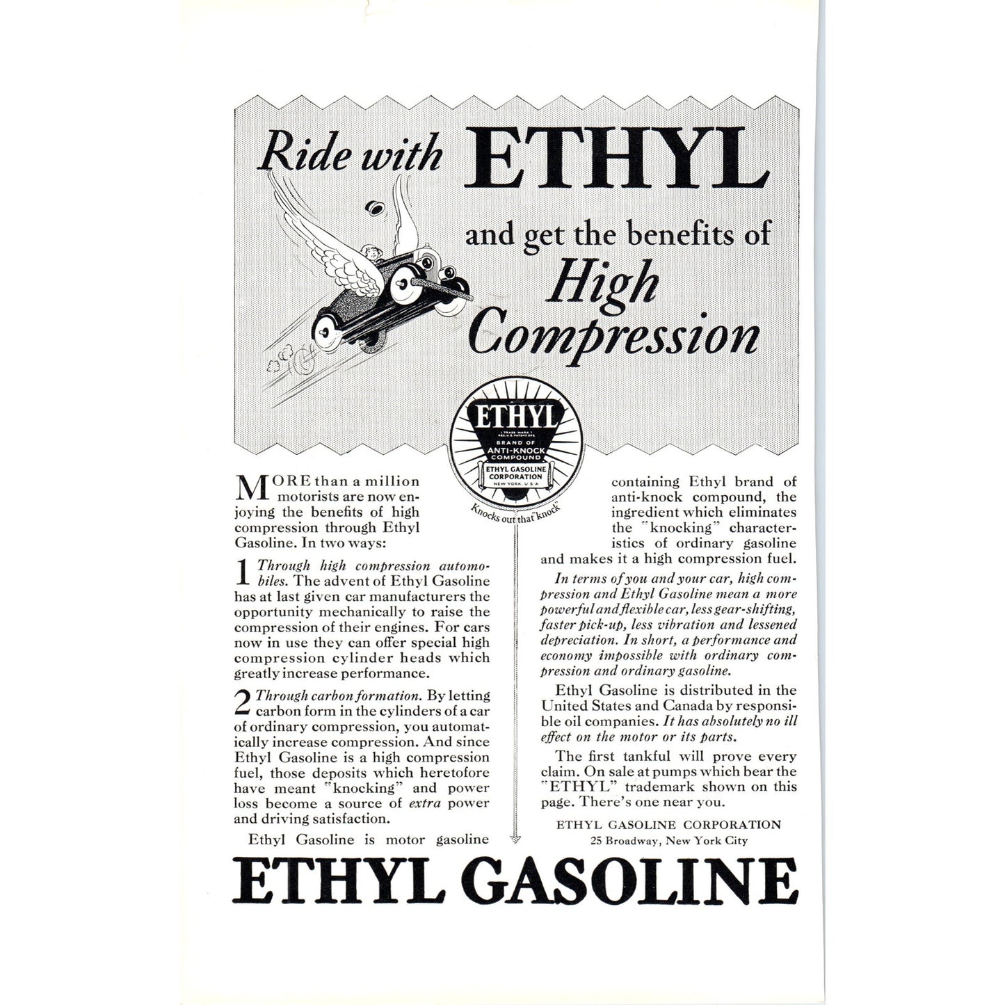 Ethyl Gasoline - Ride With Ethyl High Compression - Vintage Magazine Ad D18