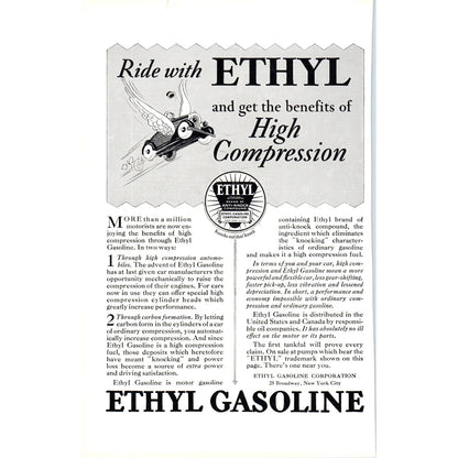 Ethyl Gasoline - Ride With Ethyl High Compression - Vintage Magazine Ad D18