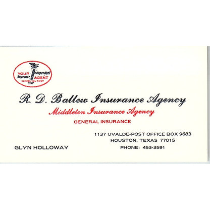 Glyn Holloway R.D. Ballew Ins Agency Houston Vintage Business Card SC9-B5