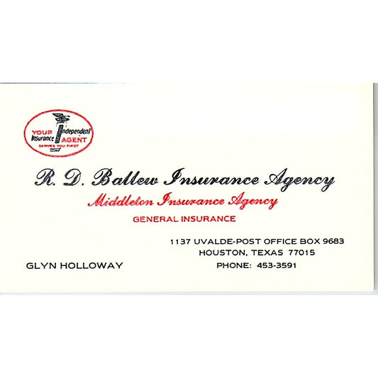 Glyn Holloway R.D. Ballew Ins Agency Houston Vintage Business Card SC9-B5