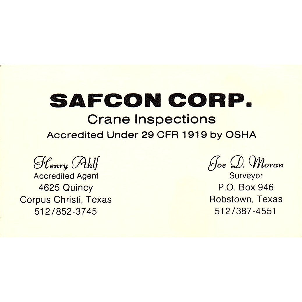 Safcon Corp Crane Inspections Henry Ahlf Joe Moran Robstown Business Card SC9-B4