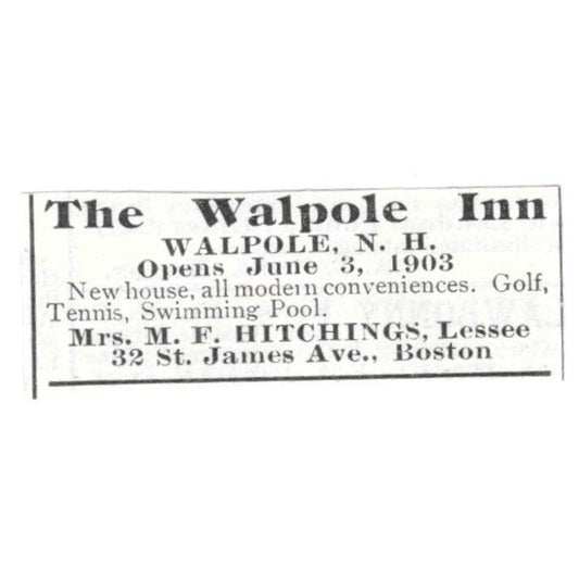 The Walpole Inn NH M.F. Hitchings c1918 Original Advertisement AE5-SV5
