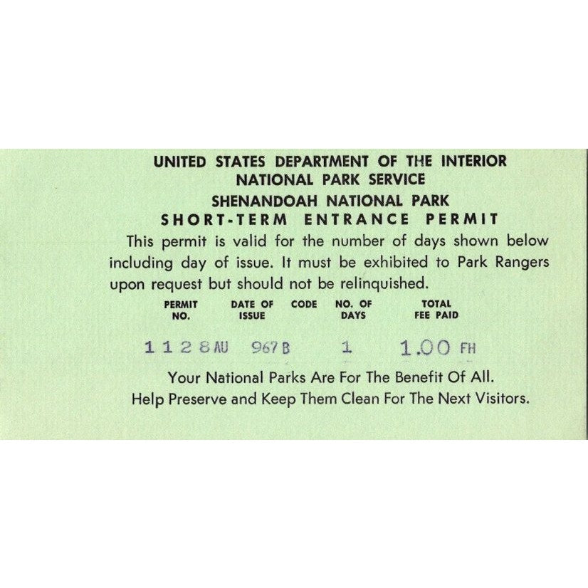 1967 Shenandoah National Park Entrance Permit Stub SAI1-2