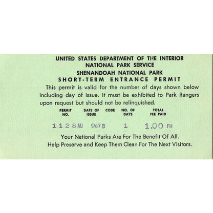 1967 Shenandoah National Park Entrance Permit Stub SAI1-2