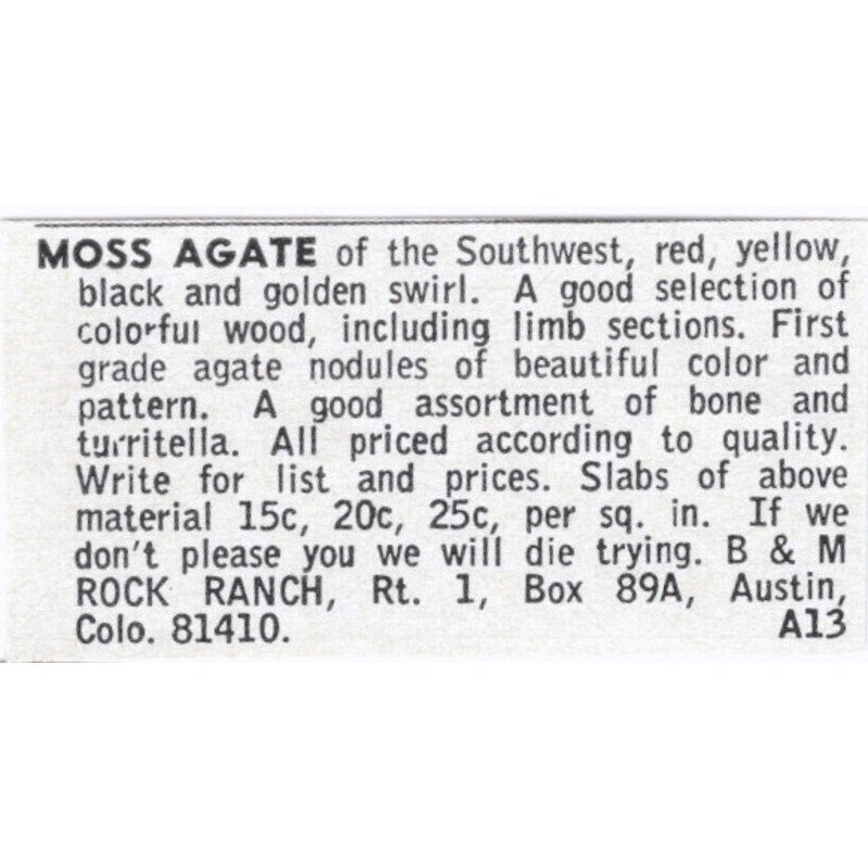 B&M Rock Ranch Moss Agate Austin Colorado 1964 Magazine Ad AK6-S8