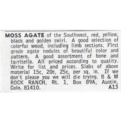 B&M Rock Ranch Moss Agate Austin Colorado 1964 Magazine Ad AK6-S8