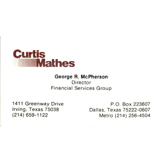 George R. McPherson Curtis Mathes Irving TX Vintage Business Card SD8-B4