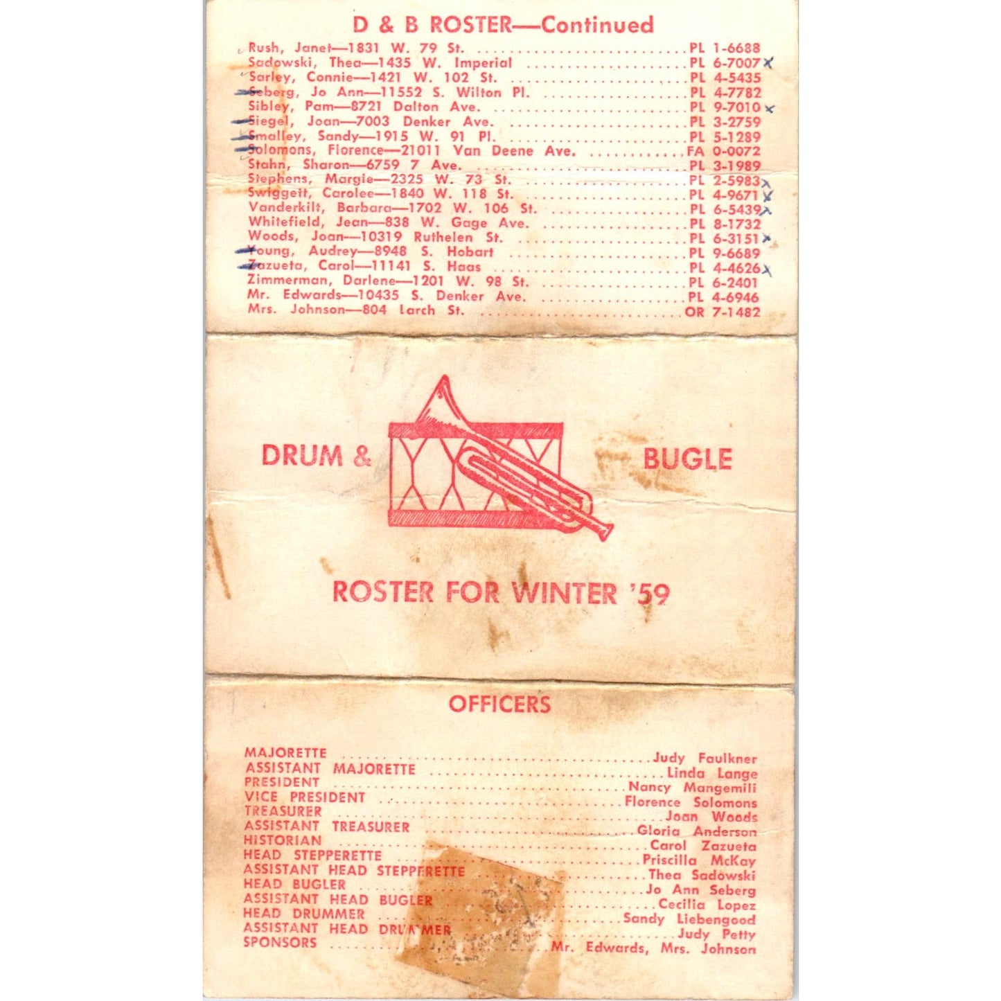 1959 George Washington High School Los Angeles CA Drum & Bugle Winter Roster AB9