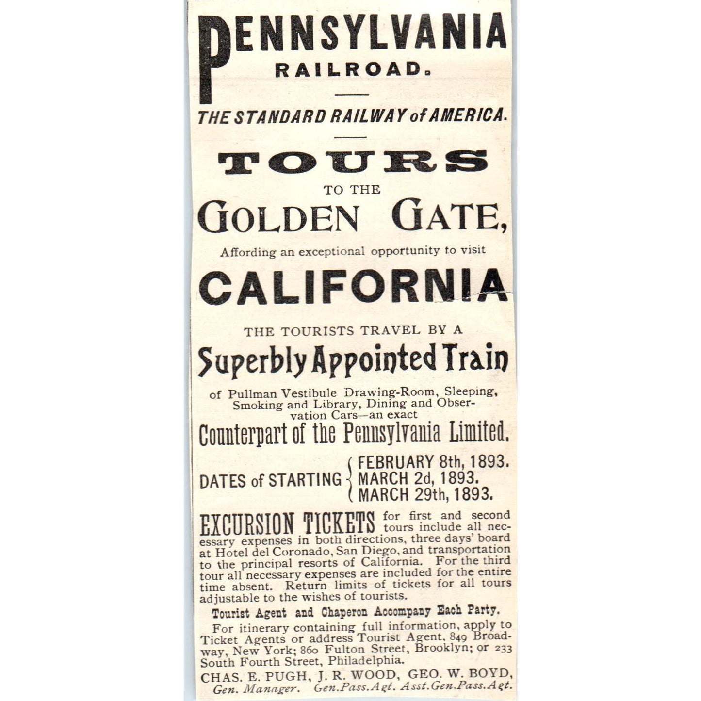 Pennsylvania Railroad California Tours Chas. E. Pugh JR Wood 1893 Judge Ad AB9-J