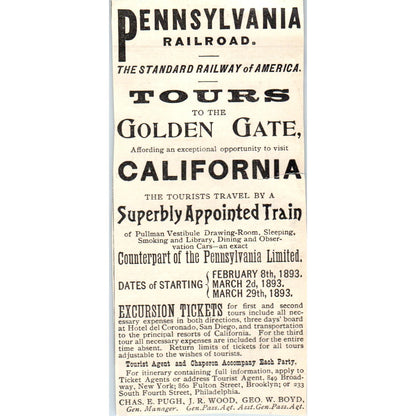 Pennsylvania Railroad California Tours Chas. E. Pugh JR Wood 1893 Judge Ad AB9-J