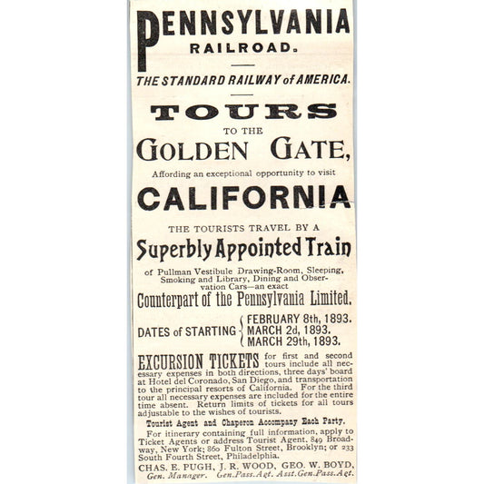 Pennsylvania Railroad California Tours Chas. E. Pugh JR Wood 1893 Judge Ad AB9-J