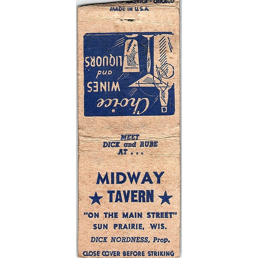 Midway Tavern Dick Nordness Sun Prairie WI Vintage Matchbook Cover SC7-Y7