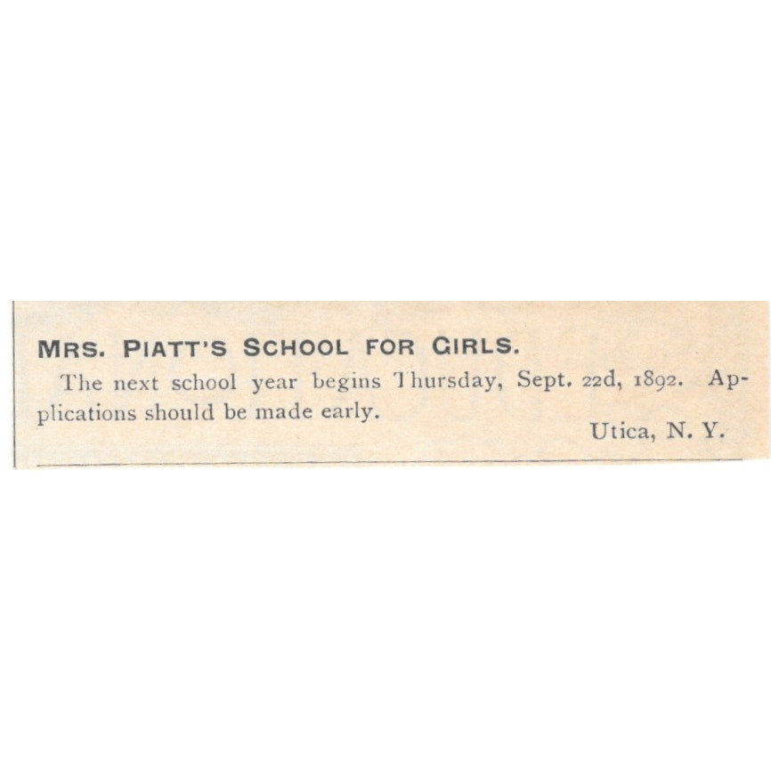 Miss Piatt's School for Girls Utica NY 1892 Magazine Ad AB6-S1