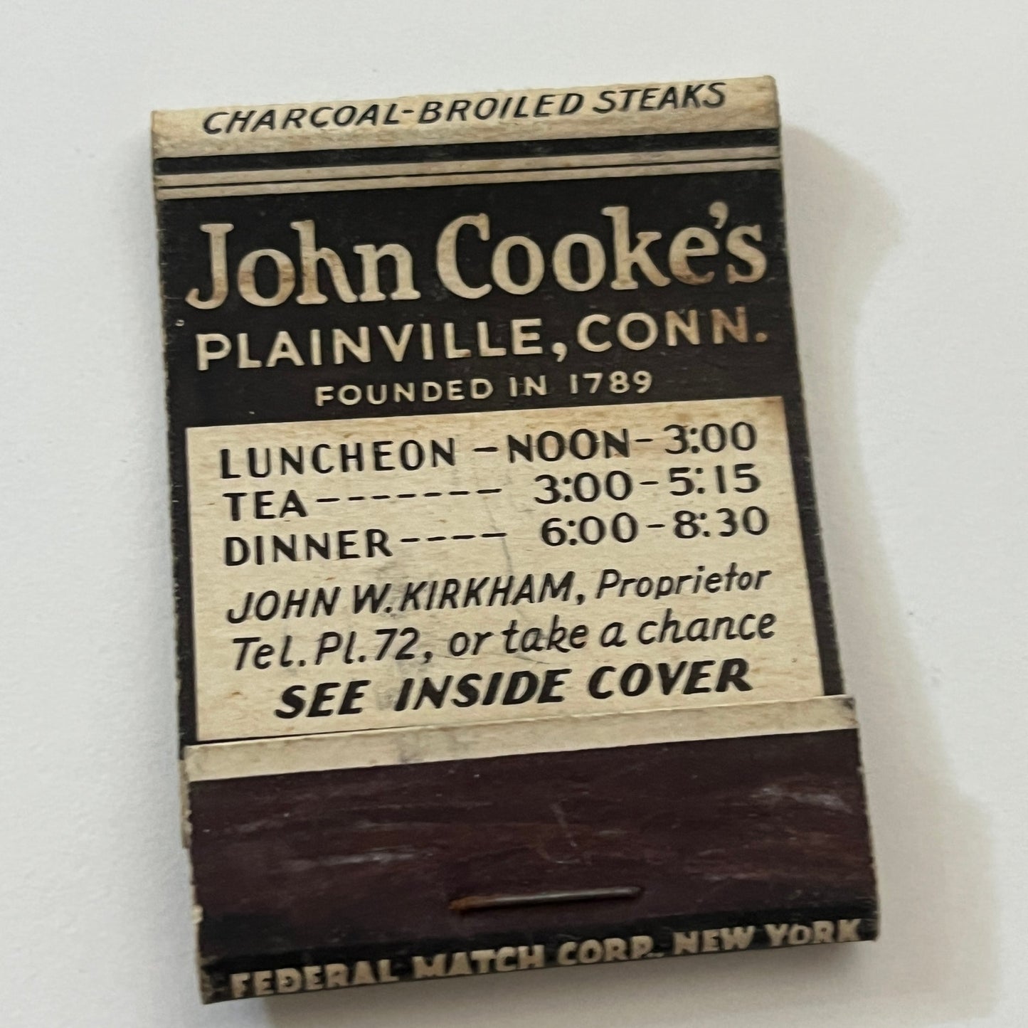 John Cooke's Plainville CT John W Kirkham Vintage Matchbook Cover TB6-MB1-2