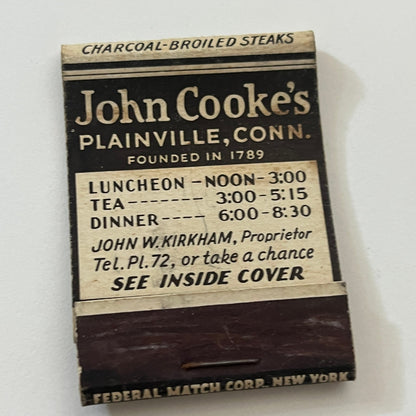 John Cooke's Plainville CT John W Kirkham Vintage Matchbook Cover TB6-MB1-2