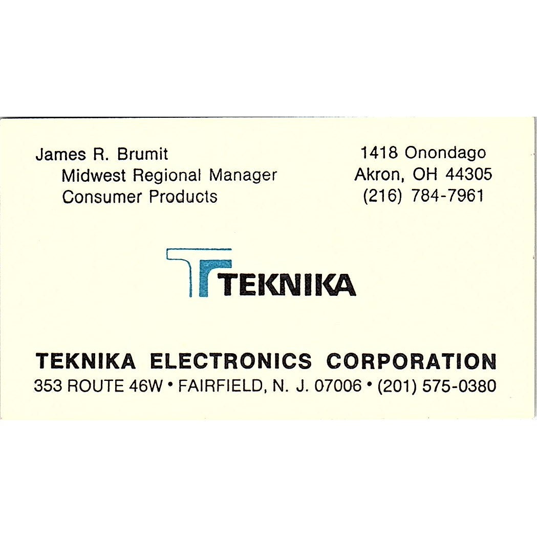 Teknika Electronics Co James R. Brumit Fairfield N.J. Business Card SF3-B7