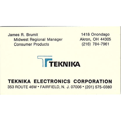 Teknika Electronics Co James R. Brumit Fairfield N.J. Business Card SF3-B7