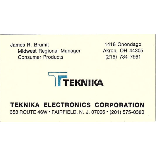 Teknika Electronics Co James R. Brumit Fairfield N.J. Business Card SF3-B7