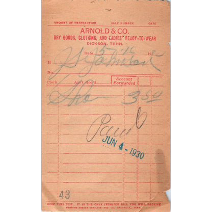 1930 Arnold & Co Dry Goods Billhead Receipt Dickson Tennessee D18