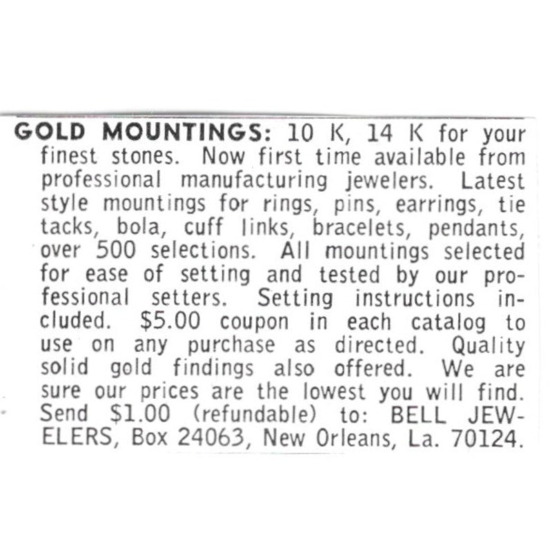 Bell Jewelers Gold Mountings New Orleans LA 1972 Ad AF8-S20