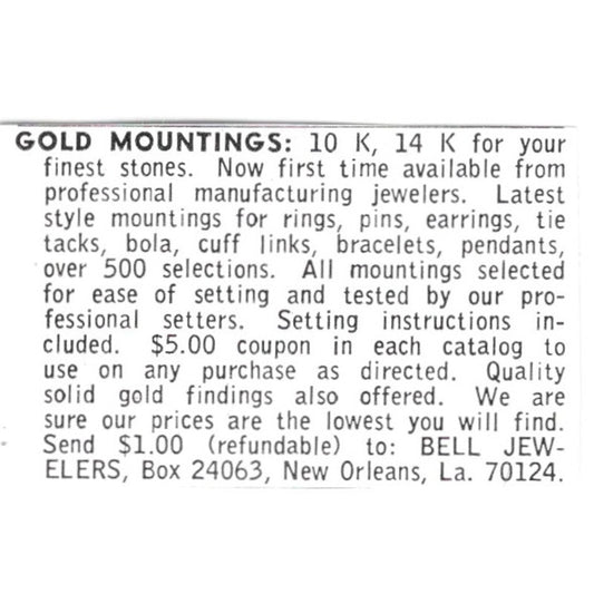 Bell Jewelers Gold Mountings New Orleans LA 1972 Ad AF8-S20