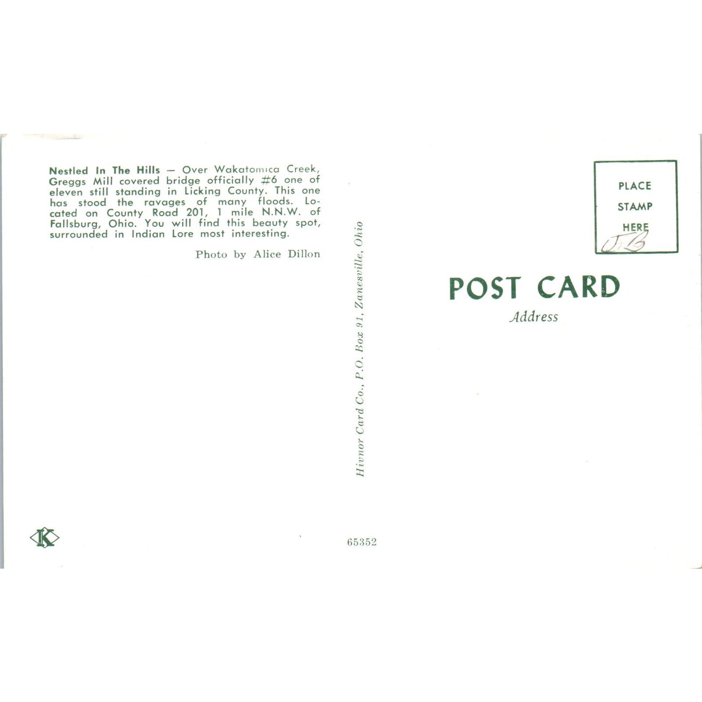 Fallsburg Ohio Wakatomika Creek Greggs Mill Covered Bridge Postcard PC6